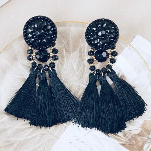 Beaded Black and Tassel Earrings - Picture 1 of 2